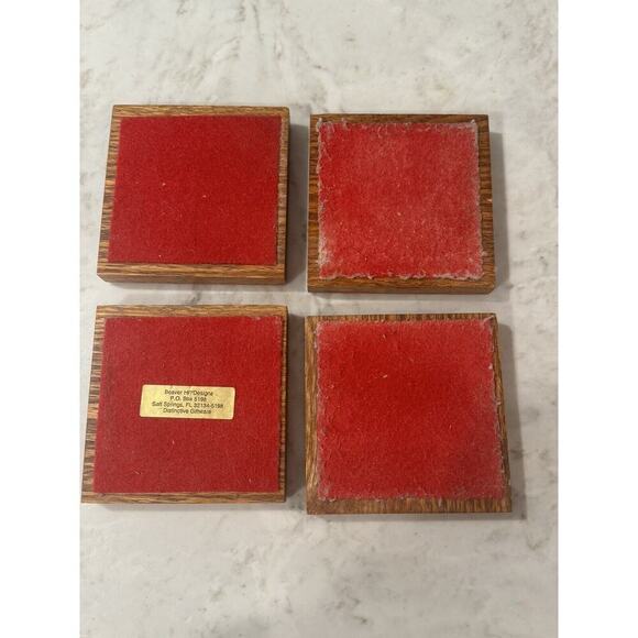 Vintage 4 Piece Sea Shells Wood & Ceramic Inlay Coaster Set Coastal Beach Decor - Picture 8 of 11